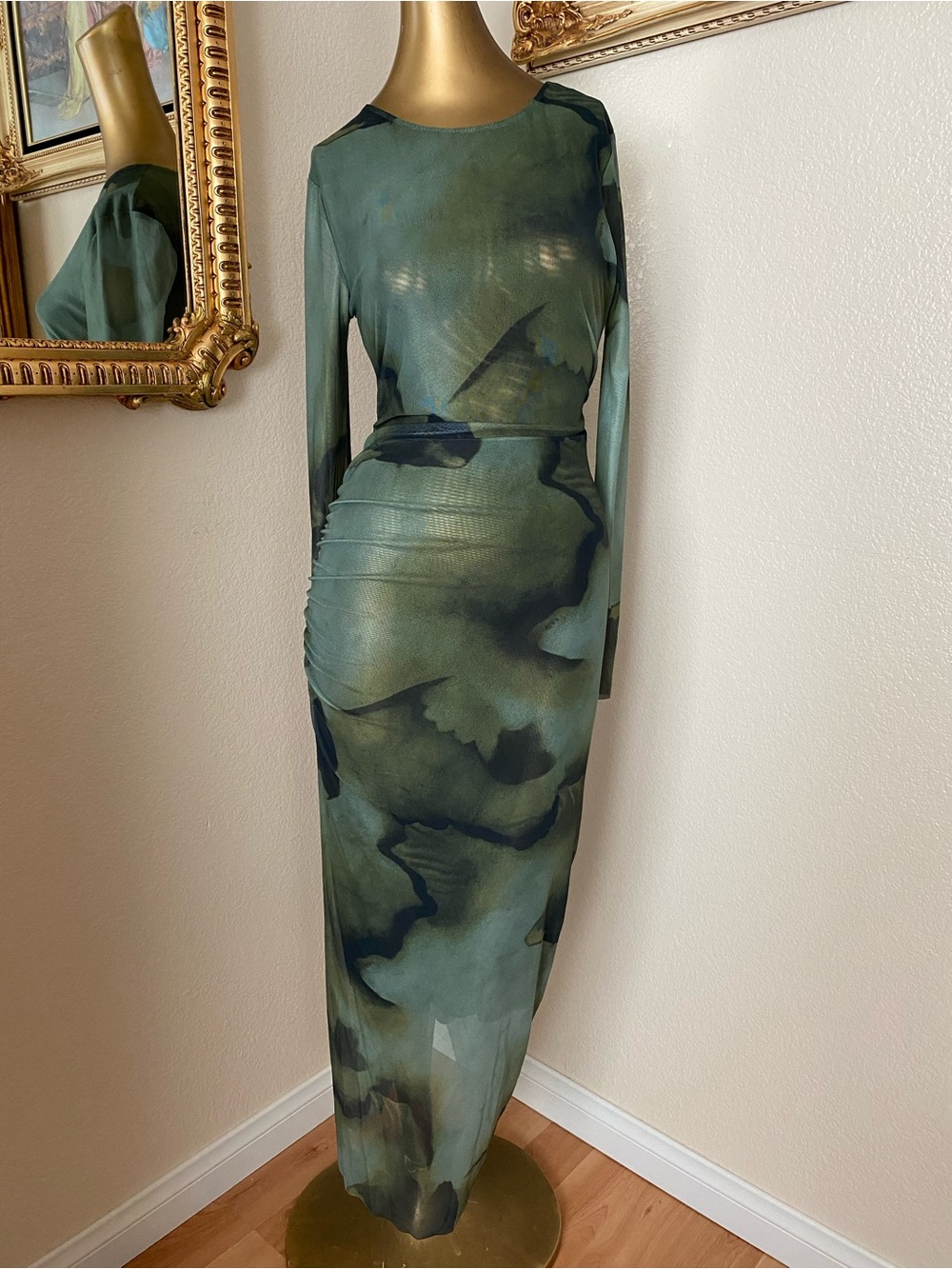 Mesh Ruched Maxi Dress Green Black